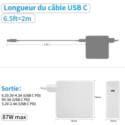 Chargeur USB-C Compatible pour MacBook Pro / Air 13" 15" 16" 87 Watt