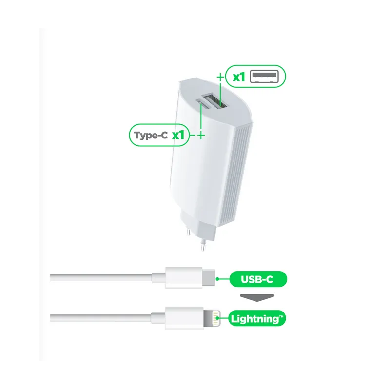 Pack Chargeur USB-C/USB + Câble 1M lightning pour Apple iPhone Pack Chargeur USB-C/USB + Câble 1M lightning pour Apple iPhone
