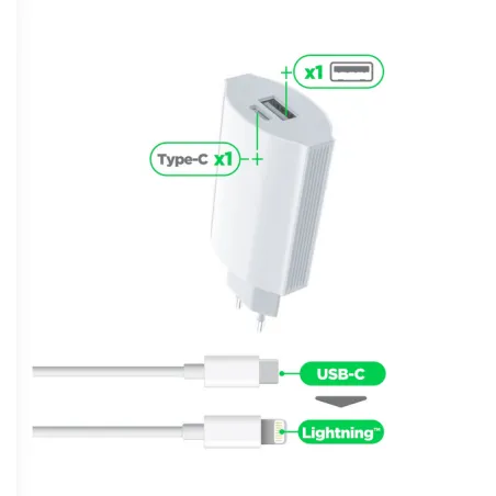 Pack Chargeur USB-C/USB + Câble 1M lightning pour Apple iPhone